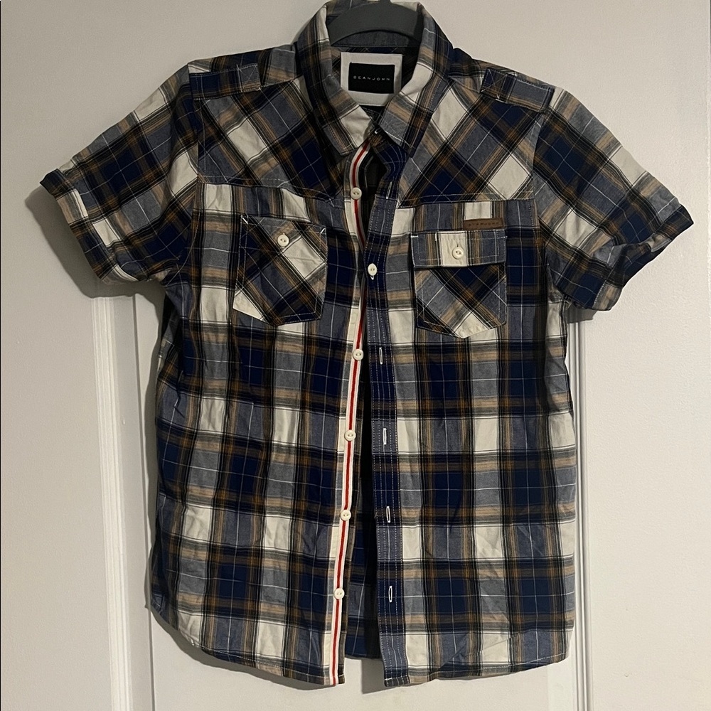 Sean John Blue and White Plaid Button Down Shirt